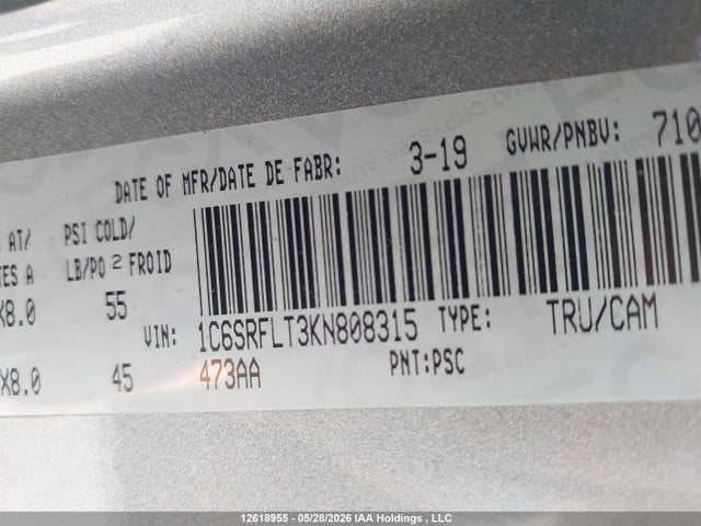Продажа на аукционе авто 2019 Ram 1500 Rebel, vin: 1C6SRFLT3KN808315, номер лота: 12618955