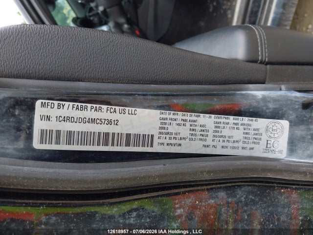 Продаж на аукціоні авто 2021 Dodge Durango Gt, vin: 1C4RDJDG4MC573612, номер лоту: 12618957