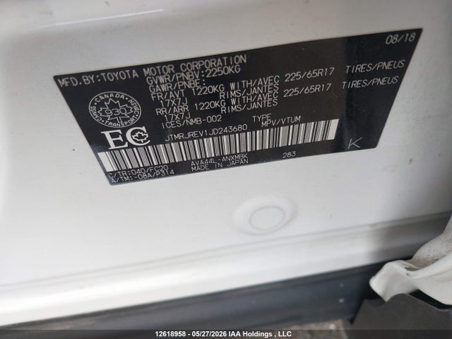 12618958 :رقم المزاد ، JTMRJREV1JD243680 vin ، 2018 Toyota Rav4 Hybrid Le+ مزاد بيع