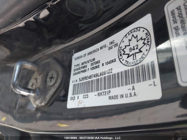 Продажа на аукционе авто 2009 Honda Cr-v Exl, vin: 5J6RE48749L809122, номер лота: 12618969