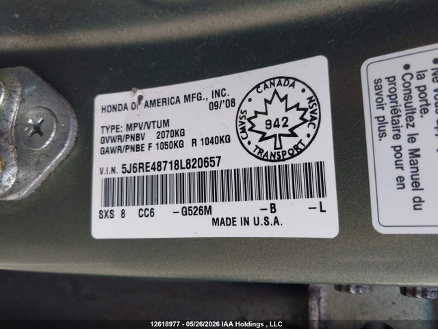 Aukcja sprzedaży 2008 Honda Cr-v Exl, vin: 5J6RE48718L820657, numer aukcji: 12618977
