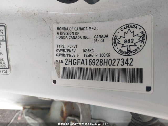 Продажа на аукционе авто 2008 Honda Civic Sdn, vin: 2HGFA16928H027342, номер лота: 12618980