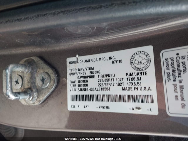 Продажа на аукционе авто 2010 Honda Cr-v Lx, vin: 5J6RE4H36AL818504, номер лота: 12618983