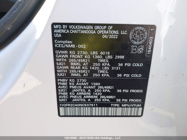 Продажа на аукционе авто 2022 Volkswagen Atlas Sel Premium R-line, vin: 1V2FR2CA0NC537911, номер лота: 12618988