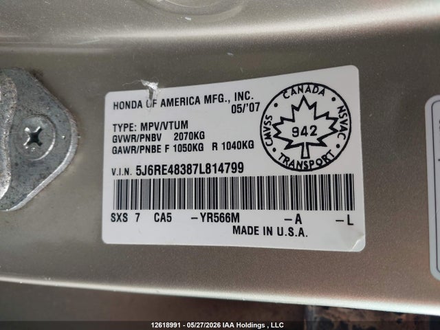 Auction sale of the 2007 Honda Cr-v Lx, vin: 5J6RE48387L814799, lot number: 12618991