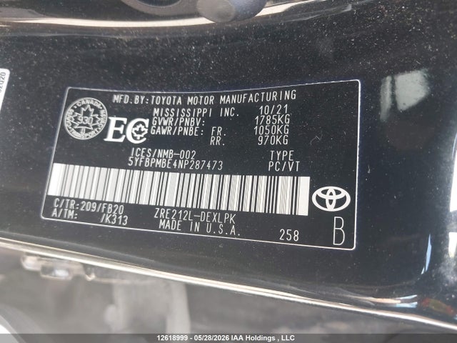 Продаж на аукціоні авто 2022 Toyota Corolla Le, vin: 5YFBPMBE4NP287473, номер лоту: 12618999