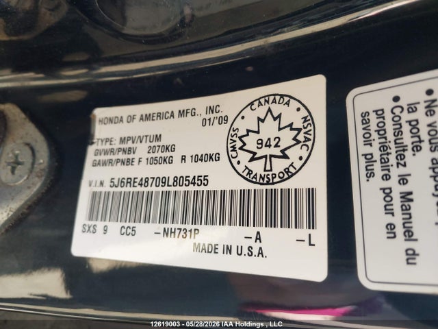 2009 Honda Cr-v Exl მანქანა იყიდება აუქციონზე, vin: 5J6RE48709L805455, აუქციონის ნომერი: 12619003