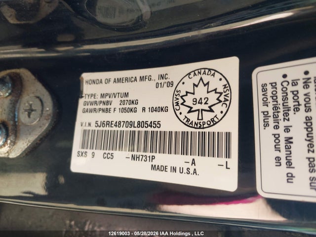 2009 Honda Cr-v Exl მანქანა იყიდება აუქციონზე, vin: 5J6RE48709L805455, აუქციონის ნომერი: 12619003