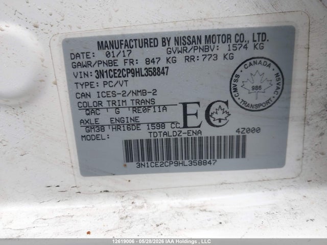 Продаж на аукціоні авто 2017 Nissan Versa Note 1.6 S/1.6 Sl/1.6 Sr/1.6 Sv, vin: 3N1CE2CP9HL358847, номер лоту: 12619006