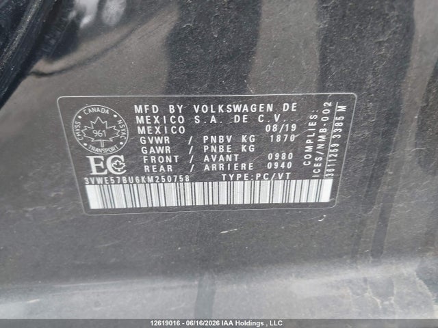 2019 Volkswagen Jetta 1.4 Tsi Highline მანქანა იყიდება აუქციონზე, vin: 3VWE57BU6KM250758, აუქციონის ნომერი: 12619016
