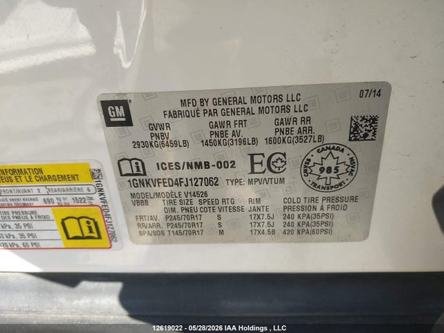 12619022 :رقم المزاد ، 1GNKVFED4FJ127062 vin ، 2015 Chevrolet Traverse Ls مزاد بيع