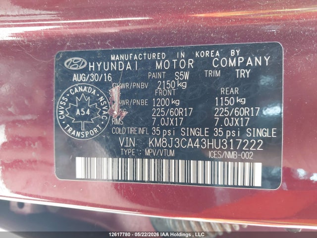 Aukcja sprzedaży 2017 Hyundai Tucson Se, vin: KM8J3CA43HU317222, numer aukcji: 12617780