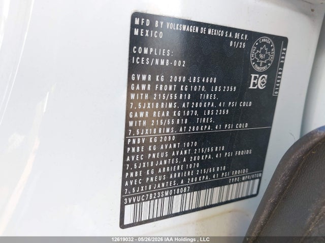 Auction sale of the 2025 Volkswagen Taos Comfortline, vin: 3VVUC7B23SM018087, lot number: 12619032