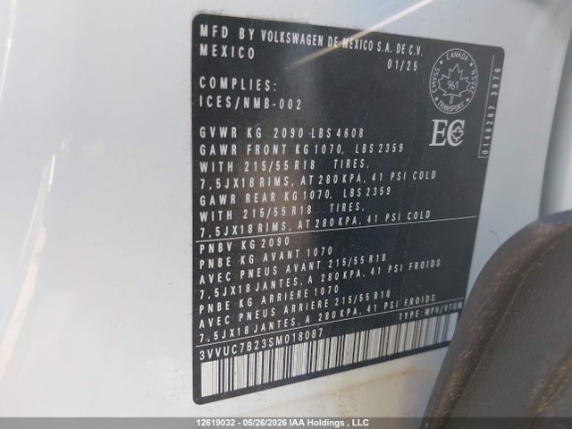 Auction sale of the 2025 Volkswagen Taos Comfortline, vin: 3VVUC7B23SM018087, lot number: 12619032
