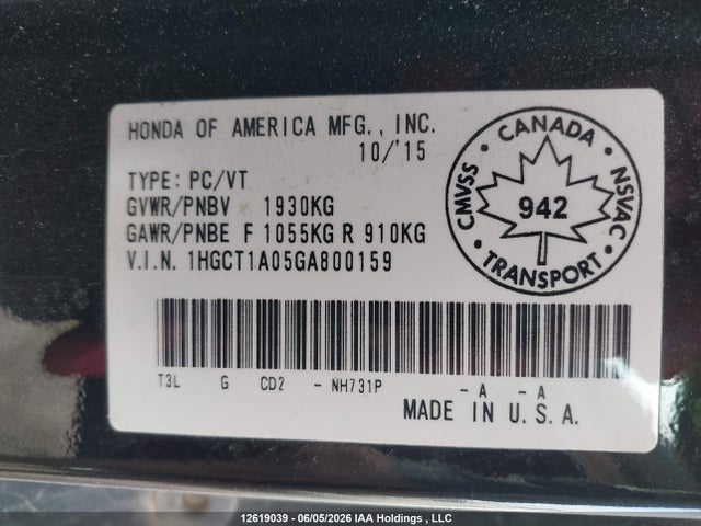 Продаж на аукціоні авто 2016 Honda Accord Touring, vin: 1HGCT1A05GA800159, номер лоту: 12619039