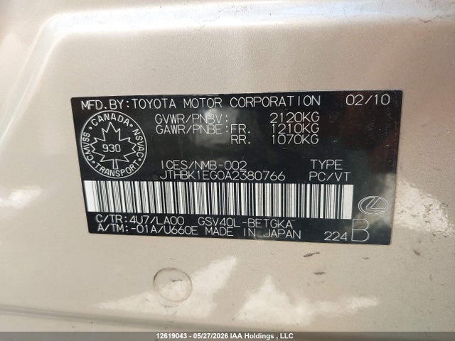 Aukcja sprzedaży 2010 Lexus Es 350 350, vin: JTHBK1EG0A2380766, numer aukcji: 12619043