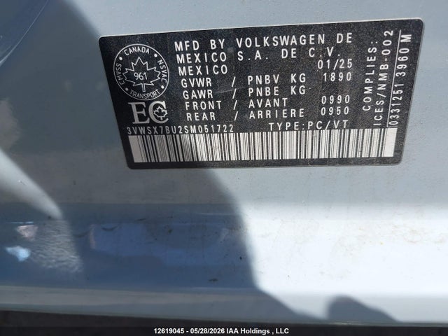 2025 Volkswagen Jetta Comfortline მანქანა იყიდება აუქციონზე, vin: 3VWSX7BU2SM051722, აუქციონის ნომერი: 12619045