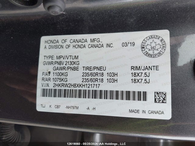 Продаж на аукціоні авто 2019 Honda Cr-v Exl, vin: 2HKRW2H8XKH121717, номер лоту: 12619060