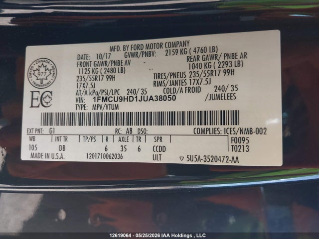 2018 Ford Escape Sel მანქანა იყიდება აუქციონზე, vin: 1FMCU9HD1JUA38050, აუქციონის ნომერი: 12619064