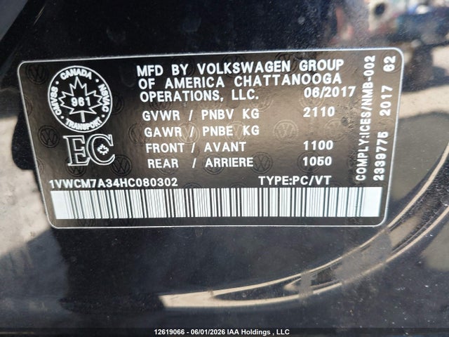 12619066 :رقم المزاد ، 1VWCM7A34HC080302 vin ، 2017 Volkswagen Passat Sel Premium مزاد بيع