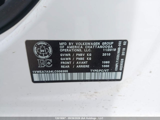2020 Volkswagen Passat Execline მანქანა იყიდება აუქციონზე, vin: 1VWEA7A34LC006355, აუქციონის ნომერი: 12619067