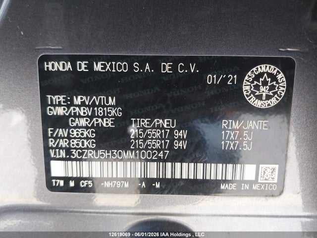 Aukcja sprzedaży 2021 Honda Hr-v Lx, vin: 3CZRU5H30MM100247, numer aukcji: 12619069