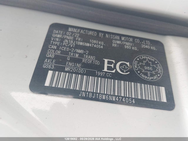 Aukcja sprzedaży 2022 Nissan Rogue Sport Sv, vin: JN1BJ1BW6NW474054, numer aukcji: 12619082