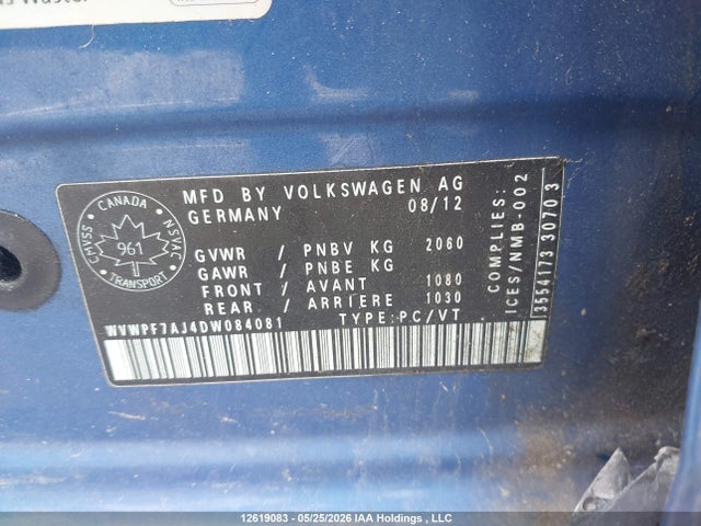 12619083 :رقم المزاد ، WVWPF7AJ4DW084081 vin ، 2013 Volkswagen Golf R مزاد بيع