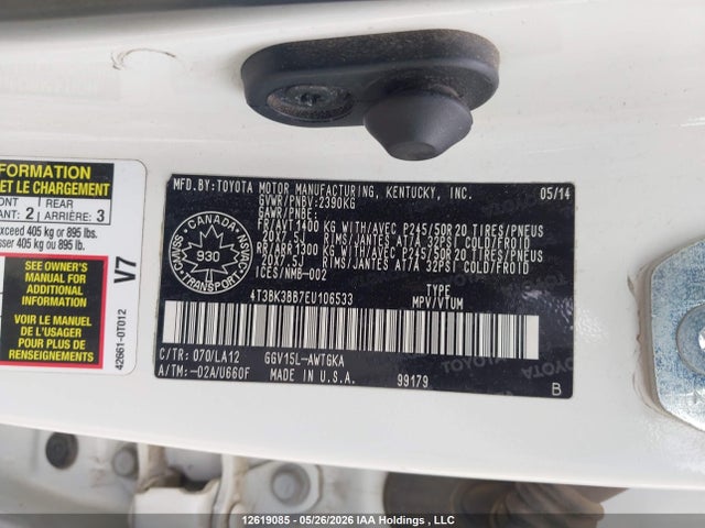 2014 Toyota Venza Base V6 მანქანა იყიდება აუქციონზე, vin: 4T3BK3BB7EU106533, აუქციონის ნომერი: 12619085