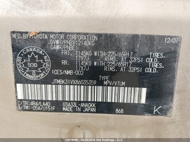 2008 Toyota Rav4 Limited V6 მანქანა იყიდება აუქციონზე, vin: JTMBK31VX86035359, აუქციონის ნომერი: 12619090