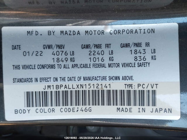 12619092 :رقم المزاد ، JM1BPALLXN1512141 vin ، 2022 Mazda 3 Preferred مزاد بيع