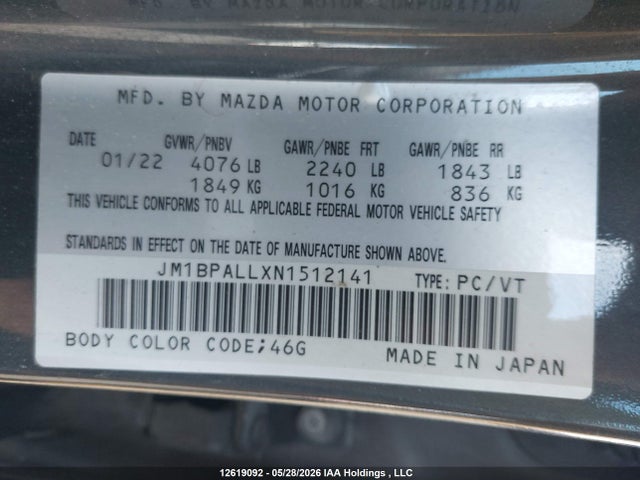 12619092 :رقم المزاد ، JM1BPALLXN1512141 vin ، 2022 Mazda 3 Preferred مزاد بيع