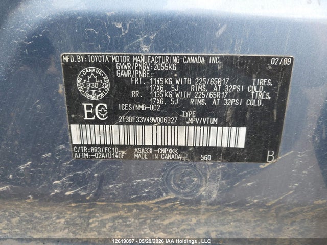 2009 Toyota Rav4 მანქანა იყიდება აუქციონზე, vin: 2T3BF33V49W006327, აუქციონის ნომერი: 12619097