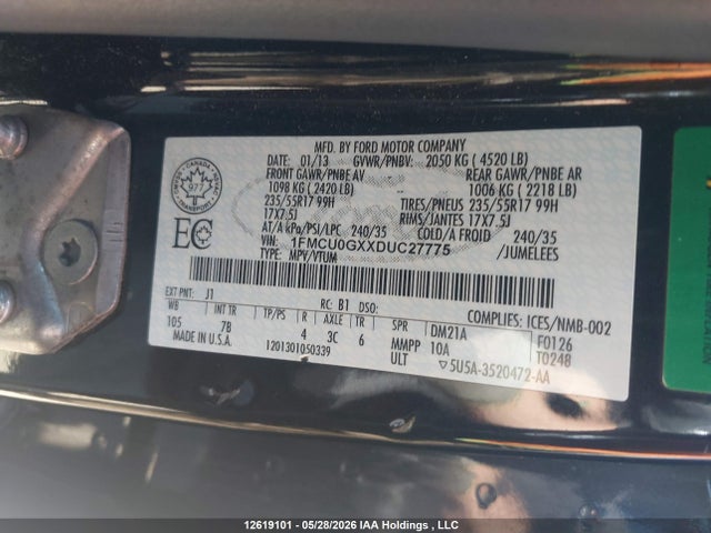 2013 Ford Escape Se მანქანა იყიდება აუქციონზე, vin: 1FMCU0GXXDUC27775, აუქციონის ნომერი: 12619101