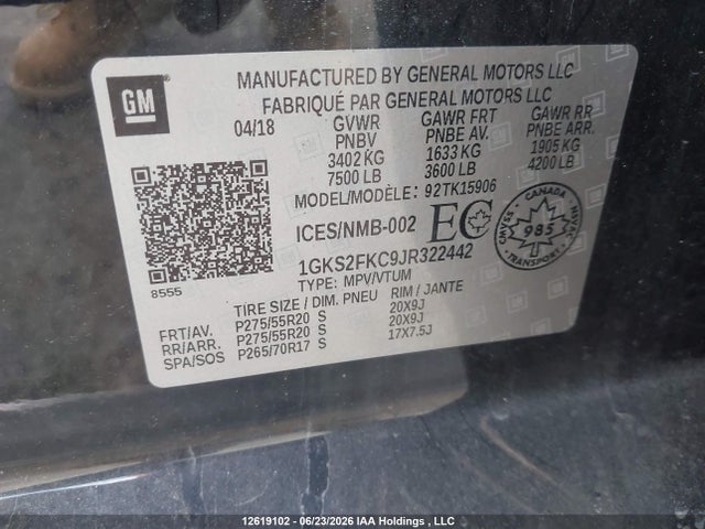 Продаж на аукціоні авто 2018 Gmc Yukon Xl Sle, vin: 1GKS2FKC9JR322442, номер лоту: 12619102