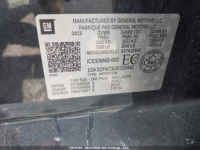 Продаж на аукціоні авто 2018 Gmc Yukon Xl Sle, vin: 1GKS2FKC9JR322442, номер лоту: 12619102