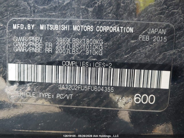 Aukcja sprzedaży 2015 Mitsubishi Lancer Gt/se, vin: JA32U2FU5FU604355, numer aukcji: 12619105