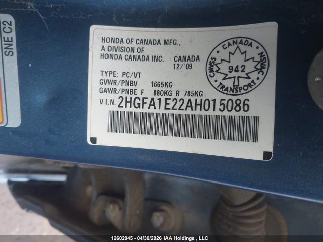 Продажа на аукционе авто 2010 Honda Civic Dx/dx-a, vin: 2HGFA1E22AH015086, номер лота: 12602945