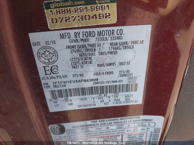 Продаж на аукціоні авто 2010 Ford F-150 Fx4/harley-davidson/lariat/xlt, vin: 1FTFW1EV5AFB63809, номер лоту: 12614471
