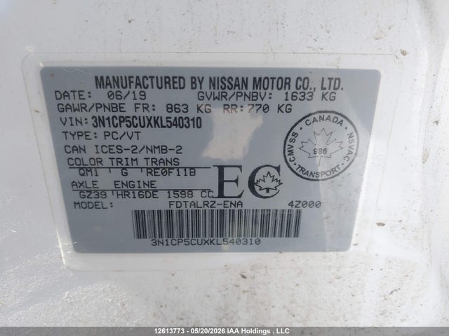 3N1CP5CUXKL540310 Nissan Kicks S/sr/sv