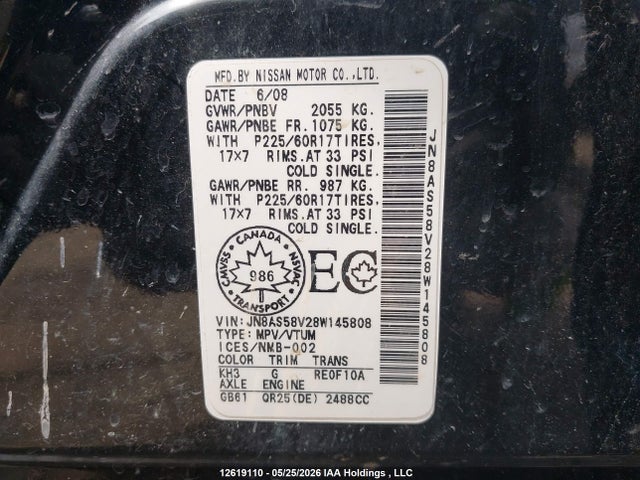 12619110 :رقم المزاد ، JN8AS58V28W145808 vin ، 2008 Nissan Rogue Sl مزاد بيع