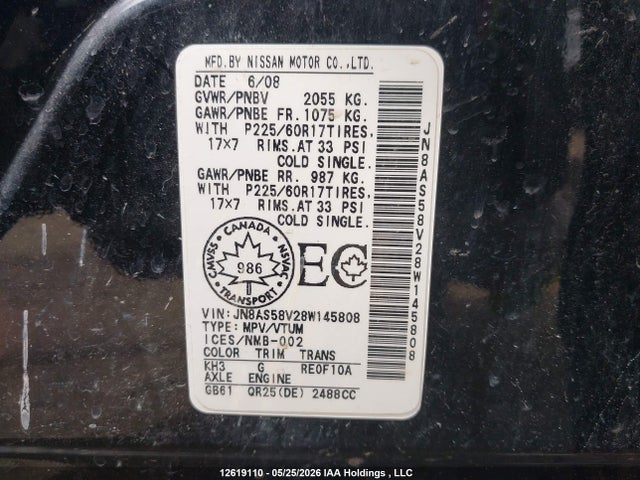 12619110 :رقم المزاد ، JN8AS58V28W145808 vin ، 2008 Nissan Rogue Sl مزاد بيع
