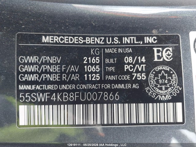 12619111 :رقم المزاد ، 55SWF4KB8FU007866 vin ، 2015 Mercedes-benz C 300 4matic مزاد بيع