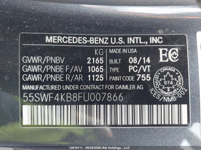 12619111 :رقم المزاد ، 55SWF4KB8FU007866 vin ، 2015 Mercedes-benz C 300 4matic مزاد بيع