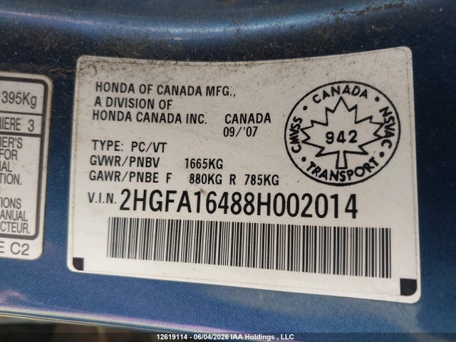 2008 Honda Civic Dx-g მანქანა იყიდება აუქციონზე, vin: 2HGFA16488H002014, აუქციონის ნომერი: 12619114