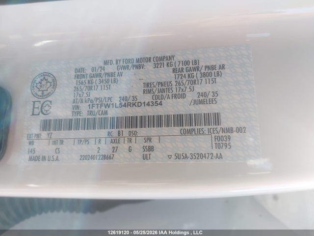 12619120 :رقم المزاد ، 1FTFW1L54RKD14354 vin ، 2024 Ford F-150 Xl مزاد بيع