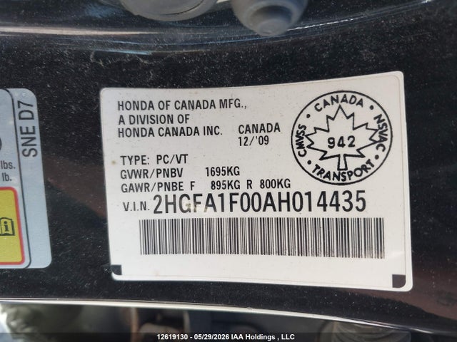 Aukcja sprzedaży 2010 Honda Civic Ex-l, vin: 2HGFA1F00AH014435, numer aukcji: 12619130