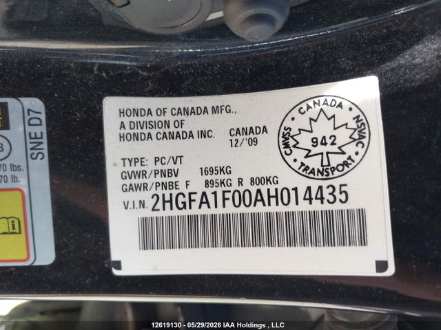Aukcja sprzedaży 2010 Honda Civic Ex-l, vin: 2HGFA1F00AH014435, numer aukcji: 12619130