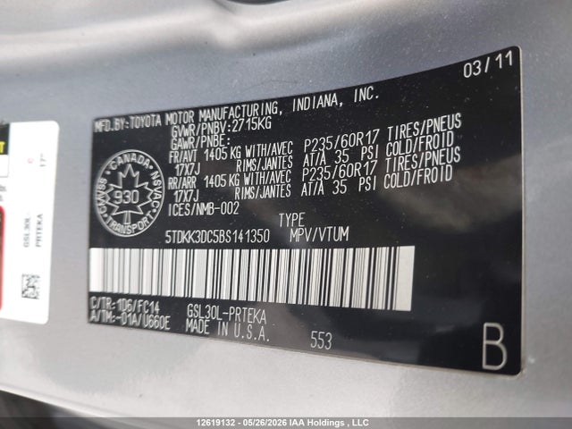 2011 Toyota Sienna Le V6 მანქანა იყიდება აუქციონზე, vin: 5TDKK3DC5BS141350, აუქციონის ნომერი: 12619132