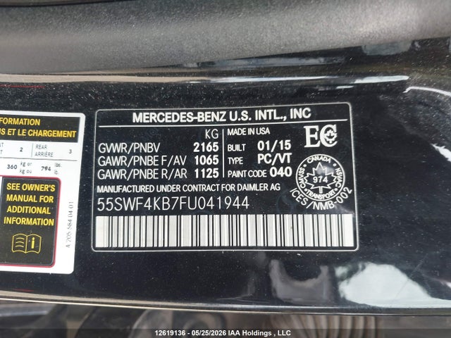 Aukcja sprzedaży 2015 Mercedes-benz C 300 4matic, vin: 55SWF4KB7FU041944, numer aukcji: 12619136